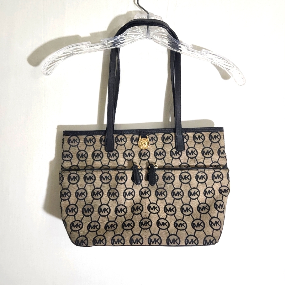 Michael Kors Women's Black Beige MK Logo Shoulder Tote Bag